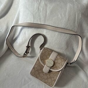 Coach Beige Signature Canvas Crossbody Bag with Cream Leather Trim